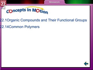 CIM Table 22.1	Organic Compounds and Their Functional Groups Table 22.14	Common Polymers 