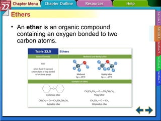 Section 22-2 Ethers An  ether  is an organic compound containing an oxygen bonded to two carbon atoms. 