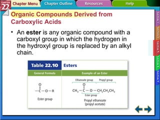 Section 22-3 Organic Compounds Derived from Carboxylic Acids An  ester  is any organic compound with a carboxyl group in which the hydrogen in the hydroxyl group is replaced by an alkyl chain.   