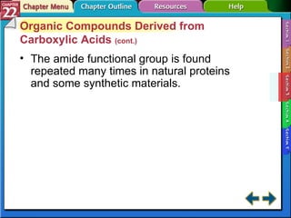 Section 22-3 Organic Compounds Derived from Carboxylic Acids  (cont.) The amide functional group is found repeated many times in natural proteins and some synthetic materials. 