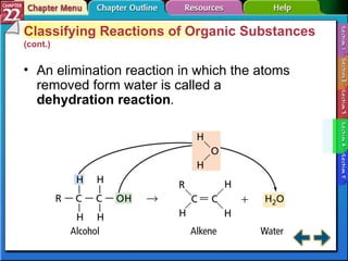Section 22-4 Classifying Reactions of Organic Substances  (cont.) An elimination reaction in which the atoms removed form water is called a  dehydration reaction . 