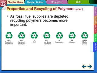 Section 22-5 Properties and Recycling of Polymers  (cont.) As fossil fuel supplies are depleted, recycling polymers becomes more important . 