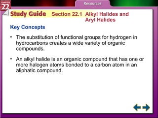 Study Guide 1 Section 22.1  Alkyl Halides and  Aryl Halides Key Concepts The substitution of functional groups for hydrogen in hydrocarbons creates a wide variety of organic compounds. An alkyl halide is an organic compound that has one or more halogen atoms bonded to a carbon atom in an aliphatic compound. 