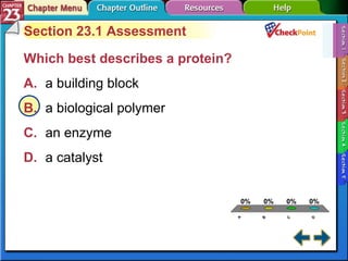 A B C D Section 23-1 Section 23.1 Assessment Which best describes a protein?   A. a building block   B. a biological polymer   C. an enzyme   D. a catalyst   