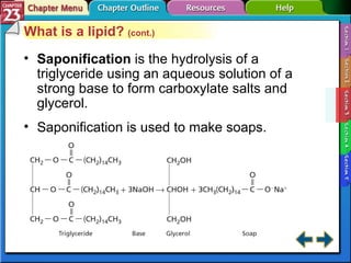 Section 23-3 What is a lipid?  (cont.) Saponification   is the hydrolysis of a triglyceride using an aqueous solution of a strong base to form carboxylate salts and glycerol. Saponification is used to make soaps. 