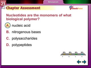 A B C D Chapter Assessment 4 Nucleotides are the monomers of what biological polymer?  A. nucleic acid   B. nitrogenous bases   C. polysaccharides   D. polypeptides   