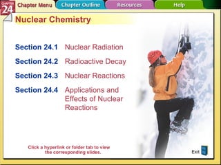 Chapter Menu Nuclear Chemistry Section 24.1 Nuclear Radiation Section 24.2   Radioactive Decay Section 24.3   Nuclear Reactions Section 24.4   Applications and Effects of Nuclear Reactions Exit Click a hyperlink or folder tab to view the corresponding slides. 