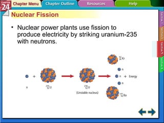 Section 24-3 Nuclear Fission Nuclear power plants use fission to produce electricity by striking uranium-235 with neutrons. 