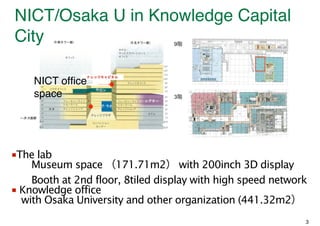 9A 
3A 
NICT office 
space 
The lab 
Museum space 171.71m2 with 200inch 3D display 
Booth at 2nd floor, 8tiled display with high speed network 
 Knowledge office 
with Osaka University and other organization (441.32m2 
3 
NICT/Osaka U in Knowledge Capital 
City 
 