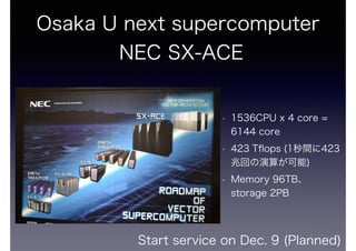Osaka U next supercomputer 
NEC SX-ACE 
? 1536CPU x 4 core = 
6144 core 
? 423 Tflops (1g423 
׻ؤ㤬) 
? Memory 96TB 
storage 2PB 
Start service on Dec. 9 (Planned) 
 