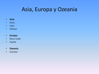 Asia, Europa y Ozeania 
• Asia: 
• China 
• India 
• Pakistan 
• Europa: 
• Reino Unido 
• España 
• Ozeania: 
• Australia 
 