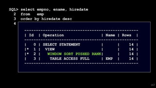SQL> select empno, ename, hiredate
2 from emp
3 order by hiredate desc
4 fetch first 5 rows only;
167
-------------------------------------------------
| Id | Operation | Name | Rows |
-------------------------------------------------
| 0 | SELECT STATEMENT | | 14 |
|* 1 | VIEW | | 14 |
|* 2 | WINDOW SORT PUSHED RANK| | 14 |
| 3 | TABLE ACCESS FULL | EMP | 14 |
-------------------------------------------------
 