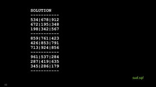 SOLUTION
-----------
534|678|912
672|195|348
198|342|567
-----------
859|761|423
426|853|791
713|924|856
-----------
961|537|284
287|419|635
345|286|179
-----------
43
sud.sql
 