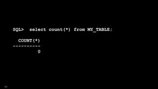 SQL> select count(*) from MY_TABLE;
COUNT(*)
----------
0
98
 