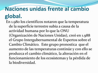 Naciones unidas frente al cambio
global.
En 1.980 los científicos notaron que la temperatura
 de la superficie terrestre subía a causa de la
 actividad humana por lo que la ONU
 (Organización de Naciones Unidas), creó en 1.988
 el Grupo Intergubernamental de Expertos sobre el
 Cambio Climático. Este grupo pronostica que el
 aumento de las temperaturas continúe y con ello se
 produzca el cambio climático, la alteración en el
 funcionamiento de los ecosistemas y la pérdida de
 la biodiversidad.
 
