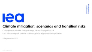 IEA 2020. All rights reserved.
Climate mitigation: scenarios and transition risks
OECD workshop on climate science, policy, regulation and practice
4 September 2020
Christophe McGlade, Energy Analyst, World Energy Outlook
 