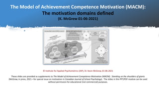 The Model of Achievement Competence Motivation (MACM):
The motivation domains defined
(K. McGrew 01-06-2021)
© Institute for Applied Psychometrics (IAP), Dr. Kevin McGrew, 01-06-2021
These slides are provided as supplements to The Model of Achievement Competence Motivation (MACM): Standing on the shoulders of giants
(McGrew, in press, 2021—for special issue on motivation in Canadian Journal of School Psychology). The slides in this PPT/PDF module can be used
without permission for educational (not commercial) purposes.
 