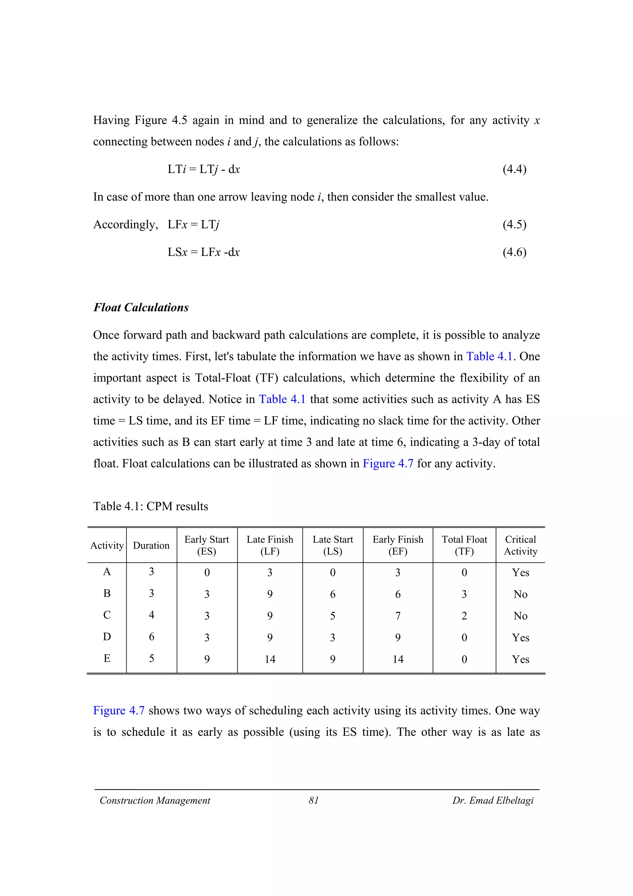 Construction Management 81 Dr. Emad Elbeltagi
Having Figure 4.5 again in mind and to generalize the calculations, for any activity x
connecting between nodes i and j, the calculations as follows:
LTi = LTj - dx (4.4)
In case of more than one arrow leaving node i, then consider the smallest value.
Accordingly, LFx = LTj (4.5)
LSx = LFx -dx (4.6)
Float Calculations
Once forward path and backward path calculations are complete, it is possible to analyze
the activity times. First, let's tabulate the information we have as shown in Table 4.1. One
important aspect is Total-Float (TF) calculations, which determine the flexibility of an
activity to be delayed. Notice in Table 4.1 that some activities such as activity A has ES
time = LS time, and its EF time = LF time, indicating no slack time for the activity. Other
activities such as B can start early at time 3 and late at time 6, indicating a 3-day of total
float. Float calculations can be illustrated as shown in Figure 4.7 for any activity.
Table 4.1: CPM results
Activity Duration
Early Start
(ES)
Late Finish
(LF)
Late Start
(LS)
Early Finish
(EF)
Total Float
(TF)
Critical
Activity
A
B
C
D
E
3
3
4
6
5
0
3
3
3
9
3
9
9
9
14
0
6
5
3
9
3
6
7
9
14
0
3
2
0
0
Yes
No
No
Yes
Yes
Figure 4.7 shows two ways of scheduling each activity using its activity times. One way
is to schedule it as early as possible (using its ES time). The other way is as late as
 