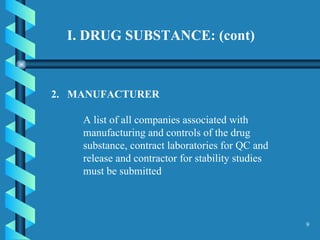 2.  MANUFACTURER  A list of all companies associated with manufacturing and controls of the drug substance, contract laboratories for QC and release and contractor for stability studies must be submitted   I. DRUG SUBSTANCE: (cont) 