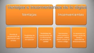 Posibilidad de     Sincronismo       Es necesario un
    Permite la
                   Posibilidad de   manipulación de    entre emisor y     mayor ancho de
 recuperación de
                   codificación y    la información   receptor, ambos         banda o
información ante
                    encriptación    sin pérdidas de   deben conocer el     capacidad de
     errores
                                          calidad      mismo código.     almacenamiento.
 