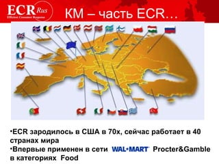КМ – часть  ECR… ECR зародилось в США в 70х, сейчас  работает в 40 странах мира Впервые применен в сети  Procter&Gamble  в категориях   Food   
