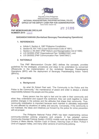 PNP MC 2015-009 - REVITALIZED BARANGAY PEACEKEEPING OPERATIONS