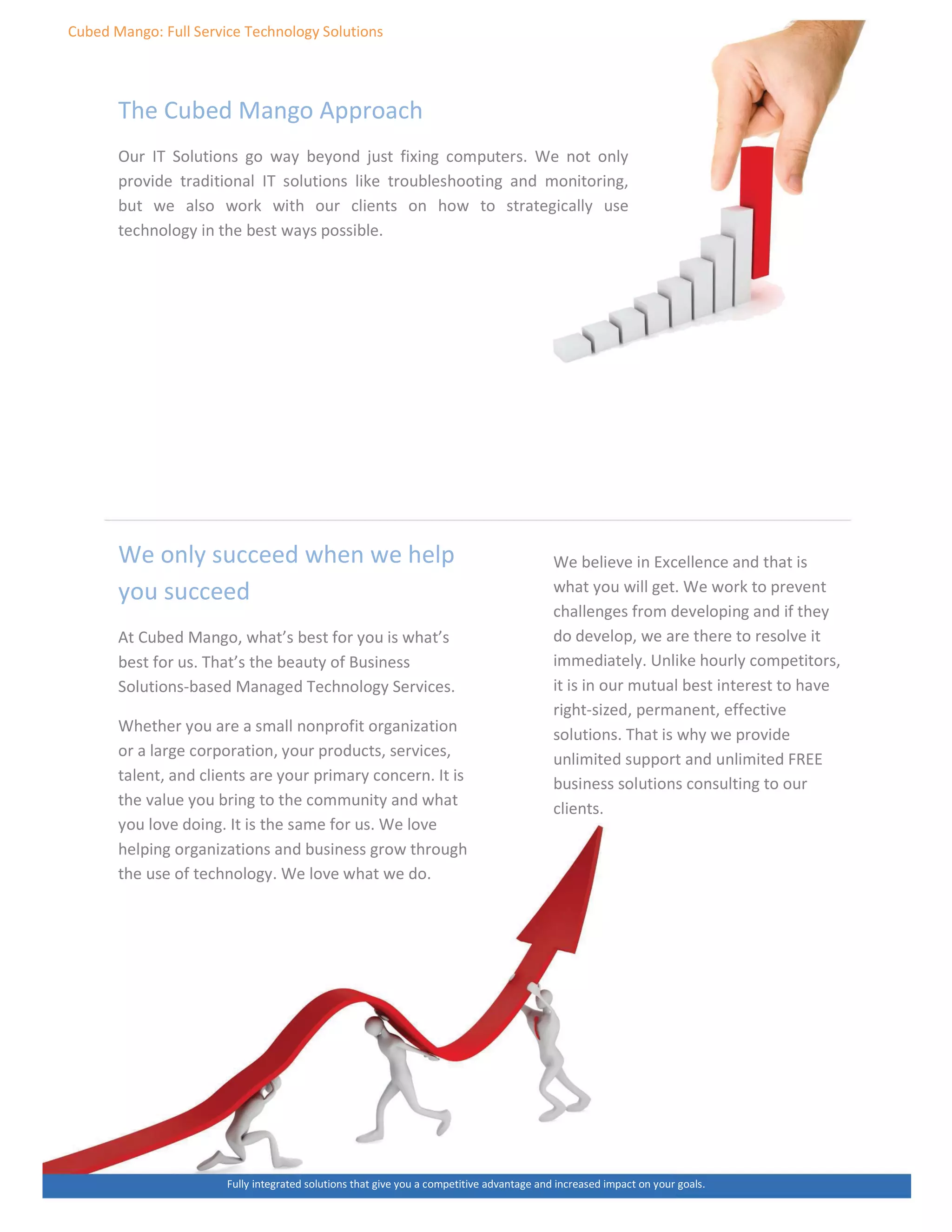 ƵďĞĚ DĂŶŐŽ͗ Ƶůů ^ĞƌǀŝĐĞ dĞĐŚŶŽůŽŐǇ ^ŽůƵƚŝŽŶƐ
dŚĞ ƵďĞĚ DĂŶŐŽ ƉƉƌŽĂĐŚ
KƵƌ /d ^ŽůƵƚŝŽŶƐ ŐŽ ǁĂǇ ďĞǇŽŶĚ ũƵƐƚ ĨŝǆŝŶŐ ĐŽŵƉƵƚĞƌƐ͘ tĞ ŶŽƚ ŽŶůǇ
ƉƌŽǀŝĚĞ ƚƌĂĚŝƚŝŽŶĂů /d ƐŽůƵƚŝŽŶƐ ůŝŬĞ ƚƌŽƵďůĞƐŚŽŽƚŝŶŐ ĂŶĚ ŵŽŶŝƚŽƌŝŶŐ͕
ďƵƚ ǁĞ ĂůƐŽ ǁŽƌŬ ǁŝƚŚ ŽƵƌ ĐůŝĞŶƚƐ ŽŶ ŚŽǁ ƚŽ ƐƚƌĂƚĞŐŝĐĂůůǇ ƵƐĞ
ƚĞĐŚŶŽůŽŐǇ ŝŶ ƚŚĞ ďĞƐƚ ǁĂǇƐ ƉŽƐƐŝďůĞ͘
tĞ ŽŶůǇ ƐƵĐĐĞĞĚ ǁŚĞŶ ǁĞ ŚĞůƉ
ǇŽƵ ƐƵĐĐĞĞĚ
ƚ ƵďĞĚ DĂŶŐŽ͕ ǁŚĂƚ͛Ɛ ďĞƐƚ ĨŽƌ ǇŽƵ ŝƐ ǁŚĂƚ͛Ɛ
ďĞƐƚ ĨŽƌ ƵƐ͘ dŚĂƚ͛Ɛ ƚŚĞ ďĞĂƵƚǇ ŽĨ ƵƐŝŶĞƐƐ
^ŽůƵƚŝŽŶƐͲďĂƐĞĚ DĂŶĂŐĞĚ dĞĐŚŶŽůŽŐǇ ^ĞƌǀŝĐĞƐ͘
tŚĞƚŚĞƌ ǇŽƵ ĂƌĞ Ă ƐŵĂůů ŶŽŶƉƌŽĨŝƚ ŽƌŐĂŶŝǌĂƚŝŽŶ
Žƌ Ă ůĂƌŐĞ ĐŽƌƉŽƌĂƚŝŽŶ͕ ǇŽƵƌ ƉƌŽĚƵĐƚƐ͕ ƐĞƌǀŝĐĞƐ͕
ƚĂůĞŶƚ͕ ĂŶĚ ĐůŝĞŶƚƐ ĂƌĞ ǇŽƵƌ ƉƌŝŵĂƌǇ ĐŽŶĐĞƌŶ͘ /ƚ ŝƐ
ƚŚĞ ǀĂůƵĞ ǇŽƵ ďƌŝŶŐ ƚŽ ƚŚĞ ĐŽŵŵƵŶŝƚǇ ĂŶĚ ǁŚĂƚ
ǇŽƵ ůŽǀĞ ĚŽŝŶŐ͘ /ƚ ŝƐ ƚŚĞ ƐĂŵĞ ĨŽƌ ƵƐ͘ tĞ ůŽǀĞ
ŚĞůƉŝŶŐ ŽƌŐĂŶŝǌĂƚŝŽŶƐ ĂŶĚ ďƵƐŝŶĞƐƐ ŐƌŽǁ ƚŚƌŽƵŐŚ
ƚŚĞ ƵƐĞ ŽĨ ƚĞĐŚŶŽůŽŐǇ͘ tĞ ůŽǀĞ ǁŚĂƚ ǁĞ ĚŽ͘
tĞ ďĞůŝĞǀĞ ŝŶ ǆĐĞůůĞŶĐĞ ĂŶĚ ƚŚĂƚ ŝƐ
ǁŚĂƚ ǇŽƵ ǁŝůů ŐĞƚ͘ tĞ ǁŽƌŬ ƚŽ ƉƌĞǀĞŶƚ
ĐŚĂůůĞŶŐĞƐ ĨƌŽŵ ĚĞǀĞůŽƉŝŶŐ ĂŶĚ ŝĨ ƚŚĞǇ
ĚŽ ĚĞǀĞůŽƉ͕ ǁĞ ĂƌĞ ƚŚĞƌĞ ƚŽ ƌĞƐŽůǀĞ ŝƚ
ŝŵŵĞĚŝĂƚĞůǇ͘ hŶůŝŬĞ ŚŽƵƌůǇ ĐŽŵƉĞƚŝƚŽƌƐ͕
ŝƚ ŝƐ ŝŶ ŽƵƌ ŵƵƚƵĂů ďĞƐƚ ŝŶƚĞƌĞƐƚ ƚŽ ŚĂǀĞ
ƌŝŐŚƚͲƐŝǌĞĚ͕ ƉĞƌŵĂŶĞŶƚ͕ ĞĨĨĞĐƚŝǀĞ
ƐŽůƵƚŝŽŶƐ͘ dŚĂƚ ŝƐ ǁŚǇ ǁĞ ƉƌŽǀŝĚĞ
ƵŶůŝŵŝƚĞĚ ƐƵƉƉŽƌƚ ĂŶĚ ƵŶůŝŵŝƚĞĚ Z
ďƵƐŝŶĞƐƐ ƐŽůƵƚŝŽŶƐ ĐŽŶƐƵůƚŝŶŐ ƚŽ ŽƵƌ
ĐůŝĞŶƚƐ͘
ƵůůǇ ŝŶƚĞŐƌĂƚĞĚ ƐŽůƵƚŝŽŶƐ ƚŚĂƚ ŐŝǀĞ ǇŽƵ Ă ĐŽŵƉĞƚŝƚŝǀĞ ĂĚǀĂŶƚĂŐĞ ĂŶĚ ŝŶĐƌĞĂƐĞĚ ŝŵƉĂĐƚ ŽŶ ǇŽƵƌ ŐŽĂůƐ͘
 