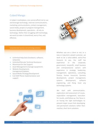 ƵďĞĚ DĂŶŐŽ͗ Ƶůů ^ĞƌǀŝĐĞ dĞĐŚŶŽůŽŐǇ ^ŽůƵƚŝŽŶƐ
ƵďĞĚ DĂŶŐŽ
/Ŷ ƚŽĚĂǇ͛Ɛ ŵĂƌŬĞƚƉůĂĐĞ͕ ŽŶĞ ĐĂŶŶŽƚ ĂĨĨŽƌĚ ŶŽƚ ƚŽ ƵƐĞ
ĂŶĚ ůĞǀĞƌĂŐĞ ƚĞĐŚŶŽůŽŐǇ͘ /ŶƚĞƌŶĂů ĐŽŵŵƵŶŝĐĂƚŝŽŶƐ͕
ŵĂƌŬĞƚŝŶŐ ĐŽŵŵƵŶŝĐĂƚŝŽŶƐ͕ ĐŽŶƚĂĐƚ ŵĂŶĂŐĞŵĞŶƚ͕
ƐŽĐŝĂů ŵĞĚŝĂ͕ ƉƌŽũĞĐƚ Žƌ ƉƌŽŐƌĂŵ ŵĂŶĂŐĞŵĞŶƚ͕
ďƵƐŝŶĞƐƐ ĚĞǀĞůŽƉŵĞŶƚ͕ ŽƉĞƌĂƚŝŽŶƐ͙ Ăůů ƌĞůǇ ŽŶ
ƚĞĐŚŶŽůŽŐǇ͘ ZĂƚŚĞƌ ƚŚĂŶ ƐƚƌƵŐŐůŝŶŐ ǁŝƚŚ ƚĞĐŚŶŽůŽŐǇ͕
ǁĞ ǁŽƌŬ ƚŽ ŵĂŬĞ ŝƚ ƐƚƌĞĂŵůŝŶĞĚ͕ ǁŽƌƌǇͲĨƌĞĞ͕ ĂŶĚ
ĞĨĨĞĐƚŝǀĞ͘
ŽŵƉƌĞŚĞŶƐŝǀĞ ďƵƐŝŶĞƐƐ ĂŶĚ ƚĞĐŚŶŽůŽŐǇ ƐŽůƵƚŝŽŶƐ
x hŶůŝŵŝƚĞĚ ,ĞůƉ ĞƐŬ ;ŚĂƌĚǁĂƌĞ͕ ƐŽĨƚǁĂƌĞ͕
ŶĞƚǁŽƌŬƐͿ
x hŶůŝŵŝƚĞĚ ZĞŵŽƚĞ dĞĐŚŶŝĐĂů ƐƐŝƐƚĂŶĐĞ
x DĂǆŝŵŝǌĞĚ KŶ ^ŝƚĞ ^ƵƉƉŽƌƚ
x ƐƐĞƚ DĂŶĂŐĞŵĞŶƚ ;ŵĂŶĂŐĞ ĞƋƵŝƉŵĞŶƚͿ
x tĞďƐŝƚĞ ĞǀĞůŽƉŵĞŶƚ͕
ŵĂŶĂŐĞŵĞŶƚͬƵƉĚĂƚĞƐ
x ^ŽĐŝĂů DĞĚŝĂ ^ƚƌĂƚĞŐǇͬĞǀĞůŽƉŵĞŶƚ
x Ƶůů sK/W WŚŽŶĞ ŝŵƉůĞŵĞŶƚĂƚŝŽŶ ĂŶĚ
ƐƵƉƉŽƌƚ
tŚĞƚŚĞƌ ǇŽƵ ĂƌĞ Ă ĐůŝĞŶƚ Žƌ ŶŽƚ͕ Žƌ Ă
ŶĞǁ Žƌ ůŽŶŐͲƚĞƌŵ ǀĂůƵĞĚ ĐƵƐƚŽŵĞƌ͕ ǁĞ
ǁŽƌŬ ƚŽ ďĞ Ă ǀĂůƵĞͲĂĚĚĞĚ͕ ǁŽƌƌǇͲĨƌĞĞ
ƌĞƐŽƵƌĐĞ ƚŽ ǇŽƵ͘ KƵƌ ƐƚĂĨĨ ŚĂƐ
ĞǆƉĞƌŝĞŶĐĞ ŝŶ ƚŚĞ ĐŽƌƉŽƌĂƚĞ͕
ŐŽǀĞƌŶŵĞŶƚ͕ ŶŽŶƉƌŽĨŝƚ͕ ƐŵĂůů ďƵƐŝŶĞƐƐ
ĂŶĚ ĞŶƚƌĞƉƌĞŶĞƵƌŝĂů ƐĞĐƚŽƌƐ ǁŝƚŚ
ĞǆƉĞƌŝĞŶĐĞ ŝŶ ƐƚƌĂƚĞŐǇ͕ ůĞĂĚĞƌƐŚŝƉ͕
ŵĂŶĂŐĞŵĞŶƚ͕ ŽƉĞƌĂƚŝŽŶƐ͕ ĐŽŶƐƵůƚŝŶŐ͕
ĨŝŶĂŶĐĞ͕ ŚƵŵĂŶ ƌĞƐŽƵƌĐĞƐ͕ ďƵƐŝŶĞƐƐ
ĚĞǀĞůŽƉŵĞŶƚ͕ ƉƌŽũĞĐƚ ŵĂŶĂŐĞŵĞŶƚ͕
ƐǇƐƚĞŵƐ ĚĞǀĞůŽƉŵĞŶƚ͕ ƐŽĨƚǁĂƌĞ
ĞŶŐŝŶĞĞƌŝŶŐ͕ ĂŶĚ ĨŝǆŝŶŐ ŵŽƐƚ ĂŶǇ
ƚĞĐŚŶŽůŽŐǇ ƐǇƐƚĞŵƐ͘
tĞ ƐƚĂƌƚ ǁŝƚŚ ĐŽŵŵƵŶŝĐĂƚŝŽŶ͕
ĞǆƉůŽƌĂƚŝŽŶ ĂŶĚ ĂƐƐĞƐƐŵĞŶƚ ŽĨ ŝƐƐƵĞƐ͕
ĞǆƉĞĐƚĂƚŝŽŶ ŵĂŶĂŐĞŵĞŶƚ͕ ĞǆĞĐƵƚŝŽŶ
ĨŽƌ ƌĞƐƵůƚƐ͕ ĂŶĚ ĨŽůůŽǁͲƵƉ͘ KƵƌ ĨŽĐƵƐ ŝƐ
ŽŶ ŚĂǀŝŶŐ ƚŚĞ ƌŝŐŚƚ ƚĞĐŚŶŽůŽŐŝĞƐ ƚŽ
ƉƌĞǀĞŶƚ ŵĂũŽƌ ŝƐƐƵĞƐ ĨƌŽŵ ĚĞǀĞůŽƉŝŶŐ
ĂŶĚ ƉĞƌŵĂŶĞŶƚ ƐŽůƵƚŝŽŶƐ ƌĂƚŚĞƌ ƚŚĂŶ
ƌĞĂĐƚŝǀĞ͕ ƐŚŽƌƚͲƚĞƌŵ ƐŽůƵƚŝŽŶƐ͘
ƵůůǇ ŝŶƚĞŐƌĂƚĞĚ ƐŽůƵƚŝŽŶƐ ƚŚĂƚ ŐŝǀĞ ǇŽƵ Ă ĐŽŵƉĞƚŝƚŝǀĞ ĂĚǀĂŶƚĂŐĞ ĂŶĚ ŝŶĐƌĞĂƐĞĚ ŝŵƉĂĐƚ ŽŶ ǇŽƵƌ ŐŽĂůƐ͘
 