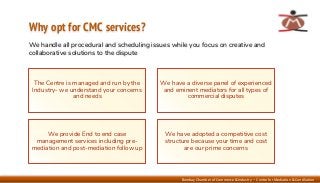 Bombay Chamber of Commerce & Industry – Centre for Mediation & Conciliation
Why opt for CMC services?
The Centre is manage...