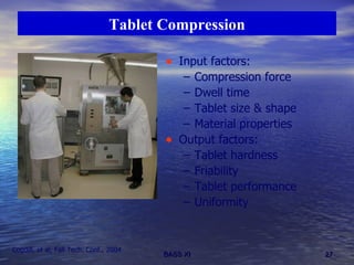 Tablet Compression Input factors: Compression force Dwell time Tablet size & shape Material properties Output factors: Tablet hardness Friability Tablet performance Uniformity Cogdill, et al, Fall Tech. Conf., 2004 