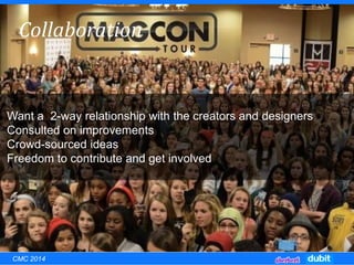 Collaboration
Want a 2-way relationship with the creators and designers
Consulted on improvements
Crowd-sourced ideas
Freedom to contribute and get involved
CMC 2014
 