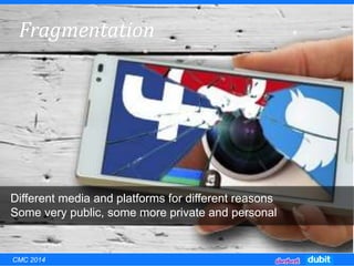 Fragmentation
Different media and platforms for different reasons
Some very public, some more private and personal
CMC 2014
 