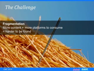 The Challenge
Fragmentation
More content + more platforms to consume
= harder to be found
CMC 2014
 