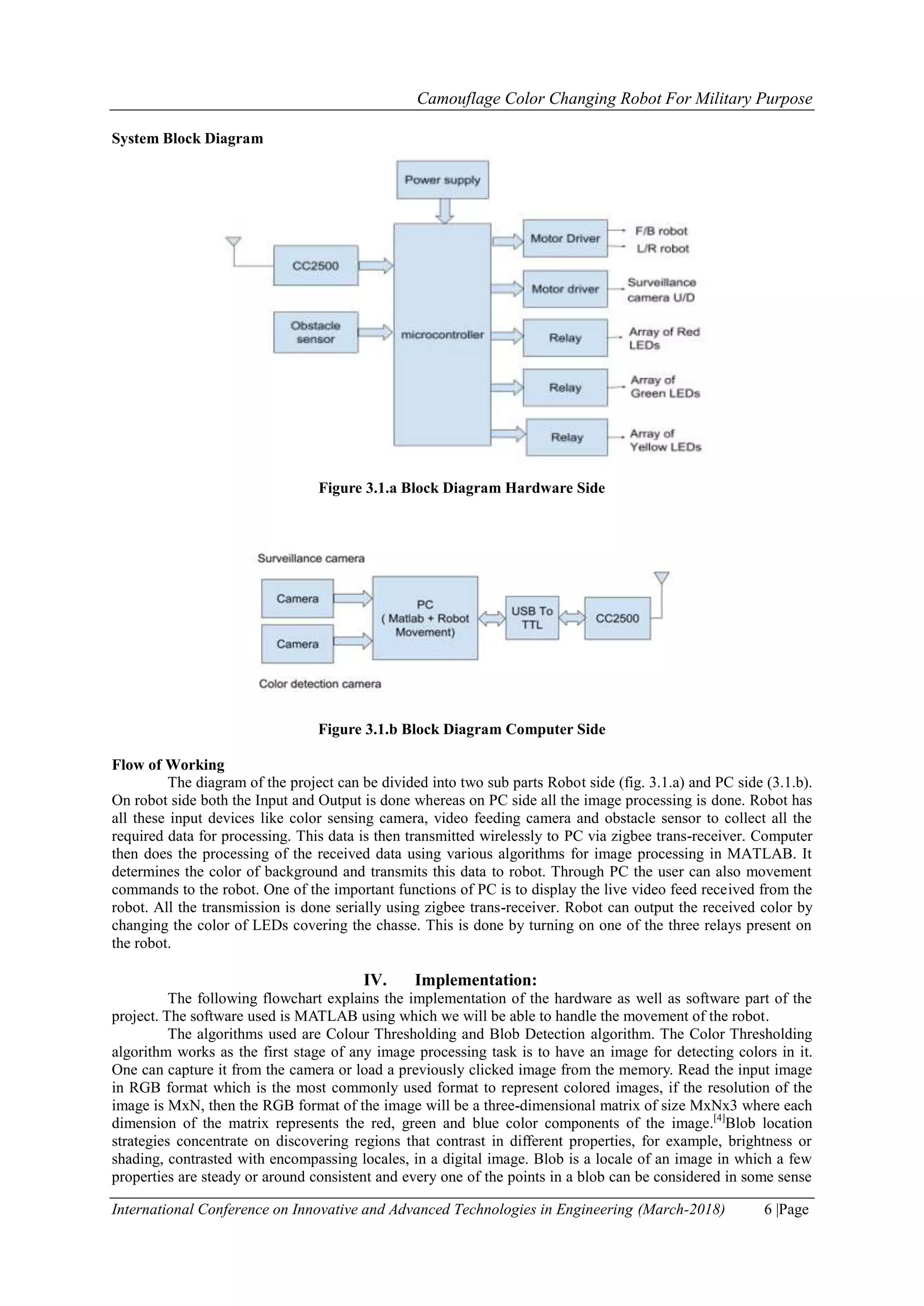 Camouflage Color Changing Robot For Military Purpose
International Conference on Innovative and Advanced Technologies in Engineering (March-2018) 6 |Page
System Block Diagram
Figure 3.1.a Block Diagram Hardware Side
Figure 3.1.b Block Diagram Computer Side
Flow of Working
The diagram of the project can be divided into two sub parts Robot side (fig. 3.1.a) and PC side (3.1.b).
On robot side both the Input and Output is done whereas on PC side all the image processing is done. Robot has
all these input devices like color sensing camera, video feeding camera and obstacle sensor to collect all the
required data for processing. This data is then transmitted wirelessly to PC via zigbee trans-receiver. Computer
then does the processing of the received data using various algorithms for image processing in MATLAB. It
determines the color of background and transmits this data to robot. Through PC the user can also movement
commands to the robot. One of the important functions of PC is to display the live video feed received from the
robot. All the transmission is done serially using zigbee trans-receiver. Robot can output the received color by
changing the color of LEDs covering the chasse. This is done by turning on one of the three relays present on
the robot.
IV. Implementation:
The following flowchart explains the implementation of the hardware as well as software part of the
project. The software used is MATLAB using which we will be able to handle the movement of the robot.
The algorithms used are Colour Thresholding and Blob Detection algorithm. The Color Thresholding
algorithm works as the first stage of any image processing task is to have an image for detecting colors in it.
One can capture it from the camera or load a previously clicked image from the memory. Read the input image
in RGB format which is the most commonly used format to represent colored images, if the resolution of the
image is MxN, then the RGB format of the image will be a three-dimensional matrix of size MxNx3 where each
dimension of the matrix represents the red, green and blue color components of the image.[4]
Blob location
strategies concentrate on discovering regions that contrast in different properties, for example, brightness or
shading, contrasted with encompassing locales, in a digital image. Blob is a locale of an image in which a few
properties are steady or around consistent and every one of the points in a blob can be considered in some sense
 