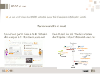 USEO et moi



  Je suis un directeur chez USEO, spécialisé autour des stratégies de collaboration sociale.



                                     2 projets à mettre en avant


Un serious game autour de la maturité                 Des études sur les réseaux sociaux
des usages 2.0: http://sena.useo.net                  d’entreprise : http://referentiel.useo.net




                                                                                                3
 