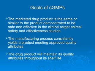 The marketed drug product is the same or
similar to the product demonstrated to be
safe and effective in the clinical target animal
safety and effectiveness studies
The manufacturing process consistently
yields a product meeting approved quality
attributes
The drug product will maintain its quality
attributes throughout its shelf life
Goals of cGMPs
 