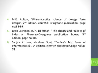 4. M.E. Aulton, “Pharmaceutics science of dosage form
design”, 2nd Edition, churchill livingstone publication, page
no:88-89
5. Leon Lachman, H. A. Liberman, “The Theory and Practice of
Industrial Pharmacy”,verghese publication house, 3rd
edition, page no:106
6. Sanjay K. Jain, Vandana Soni, “Benley’s Text Book of
Pharmaceutics”, 1st edition, elesvier publication,page no:68-
74
23
 