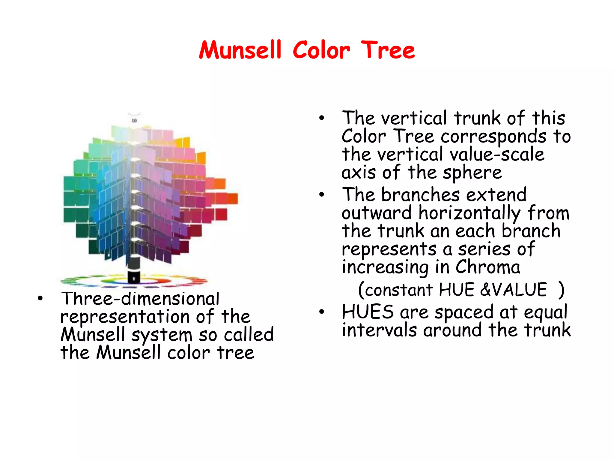 Munsell Color Tree
• Three-dimensional
representation of the
Munsell system so called
the Munsell color tree
• The vertical trunk of this
Color Tree corresponds to
the vertical value-scale
axis of the sphere
• The branches extend
outward horizontally from
the trunk an each branch
represents a series of
increasing in Chroma
(constant HUE &VALUE )
• HUES are spaced at equal
intervals around the trunk
 