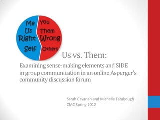 Sarah Cavanah and Michelle Farabough
CMC Spring 2012
Us vs. Them:
Examiningsense-makingelementsandSIDE
ingroup communicationinanonlineAsperger’s
communitydiscussionforum
 