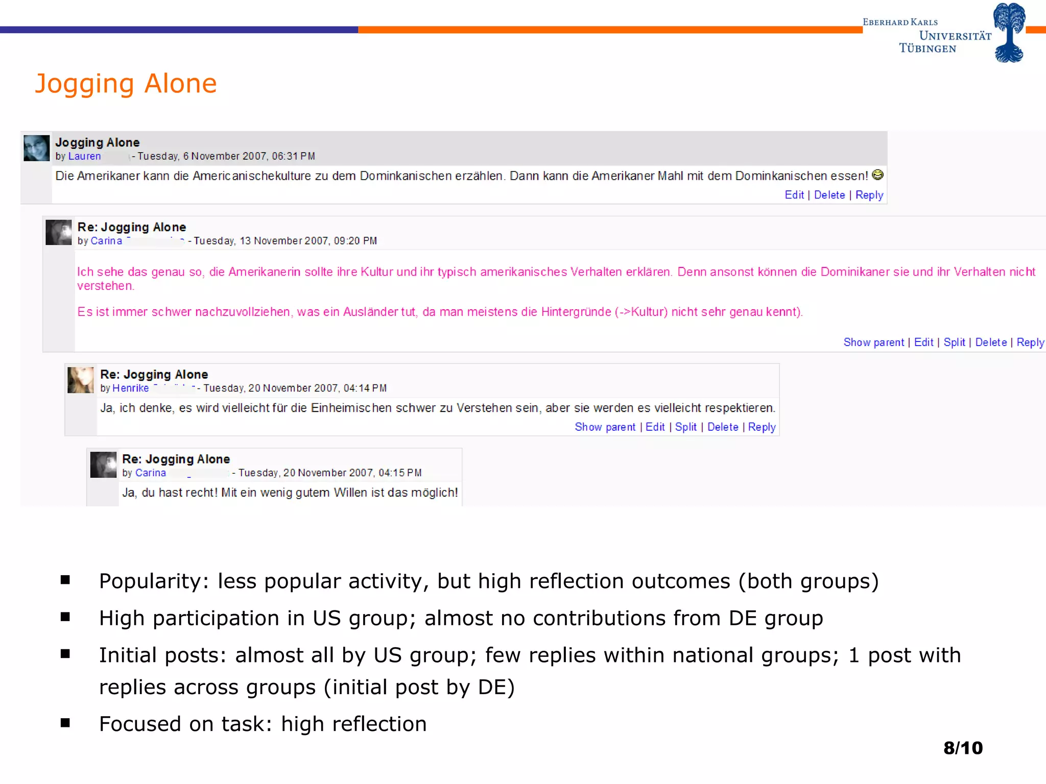 Jogging Alone Popularity: less popular activity, but high reflection outcomes (both groups) High participation in US group; almost no contributions from DE group Initial posts: almost all by US group; few replies within national groups; 1 post with replies across groups (initial post by DE) Focused on task: high reflection /10 