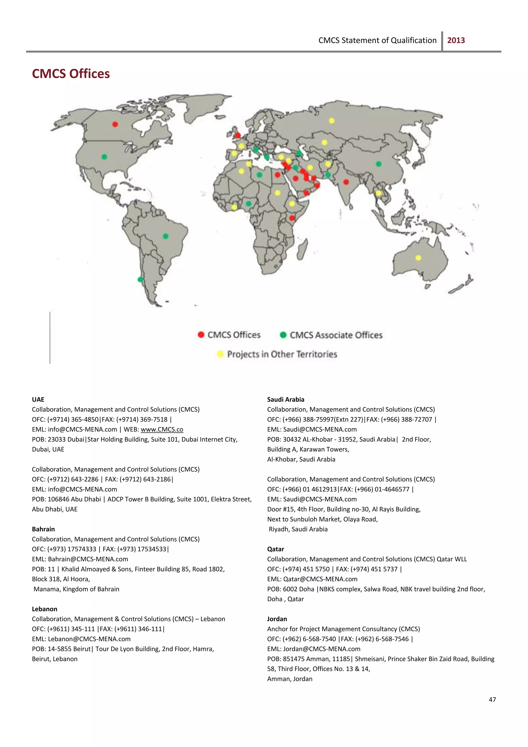 CMCS Statement of Qualification 2013
47
CMCS Offices
UAE
Collaboration, Management and Control Solutions (CMCS)
OFC: (+9714) 365-4850|FAX: (+9714) 369-7518 |
EML: info@CMCS-MENA.com | WEB: www.CMCS.co
POB: 23033 Dubai|Star Holding Building, Suite 101, Dubai Internet City,
Dubai, UAE
Collaboration, Management and Control Solutions (CMCS)
OFC: (+9712) 643-2286 | FAX: (+9712) 643-2186|
EML: info@CMCS-MENA.com
POB: 106846 Abu Dhabi | ADCP Tower B Building, Suite 1001, Elektra Street,
Abu Dhabi, UAE
Bahrain
Collaboration, Management and Control Solutions (CMCS)
OFC: (+973) 17574333 | FAX: (+973) 17534533|
EML: Bahrain@CMCS-MENA.com
POB: 11 | Khalid Almoayed & Sons, Finteer Building 85, Road 1802,
Block 318, Al Hoora,
Manama, Kingdom of Bahrain
Lebanon
Collaboration, Management & Control Solutions (CMCS) – Lebanon
OFC: (+9611) 345-111 |FAX: (+9611) 346-111|
EML: Lebanon@CMCS-MENA.com
POB: 14-5855 Beirut| Tour De Lyon Building, 2nd Floor, Hamra,
Beirut, Lebanon
Saudi Arabia
Collaboration, Management and Control Solutions (CMCS)
OFC: (+966) 388-75997(Extn 227)|FAX: (+966) 388-72707 |
EML: Saudi@CMCS-MENA.com
POB: 30432 AL-Khobar - 31952, Saudi Arabia| 2nd Floor,
Building A, Karawan Towers,
Al-Khobar, Saudi Arabia
Collaboration, Management and Control Solutions (CMCS)
OFC: (+966) 01 4612913|FAX: (+966) 01-4646577 |
EML: Saudi@CMCS-MENA.com
Door #15, 4th Floor, Building no-30, Al Rayis Building,
Next to Sunbuloh Market, Olaya Road,
Riyadh, Saudi Arabia
Qatar
Collaboration, Management and Control Solutions (CMCS) Qatar WLL
OFC: (+974) 451 5750 | FAX: (+974) 451 5737 |
EML: Qatar@CMCS-MENA.com
POB: 6002 Doha |NBKS complex, Salwa Road, NBK travel building 2nd floor,
Doha , Qatar
Jordan
Anchor for Project Management Consultancy (CMCS)
OFC: (+962) 6-568-7540 |FAX: (+962) 6-568-7546 |
EML: Jordan@CMCS-MENA.com
POB: 851475 Amman, 11185| Shmeisani, Prince Shaker Bin Zaid Road, Building
58, Third Floor, Offices No. 13 & 14,
Amman, Jordan
 