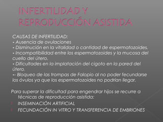 Para superar la dificultad para engendrar hijos se recurre a
técnicas de reproducción asistida:
 INSEMINACIÓN ARTIFICIAL
 FECUNDACIÓN IN VITRO Y TRANSFERENCIA DE EMBRIONES
CAUSAS DE INFERTILIDAD:
- Ausencia de ovulaciones
- Disminución en la vitalidad o cantidad de espermatozoides.
- Incompatibilidad entre los espermatozoides y la mucosa del
cuello del útero.
- Dificultades en la implatación del cigoto en la pared del
útero.
-- Bloqueo de las trompas de Falopio al no poder fecundarse
los óvulos ya que los espermatozoides no podrían llegar.
 