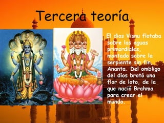 Tercera teoría
El dios Visnu flotaba
sobre las aguas
primordiales,
montado sobre la
serpiente sin fin,
Ananta. Del ombligo
del dios brotó una
flor de loto, de la
que nació Brahma
para crear el
mundo.

 