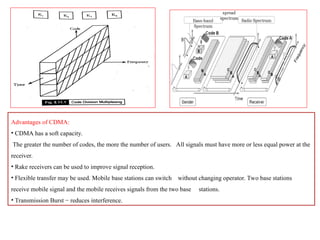 Advantages of CDMA:
• CDMA has a soft capacity.
The greater the number of codes, the more the number of users. All signals must have more or less equal power at the
receiver.
• Rake receivers can be used to improve signal reception.
• Flexible transfer may be used. Mobile base stations can switch without changing operator. Two base stations
receive mobile signal and the mobile receives signals from the two base stations.
• Transmission Burst − reduces interference.
 