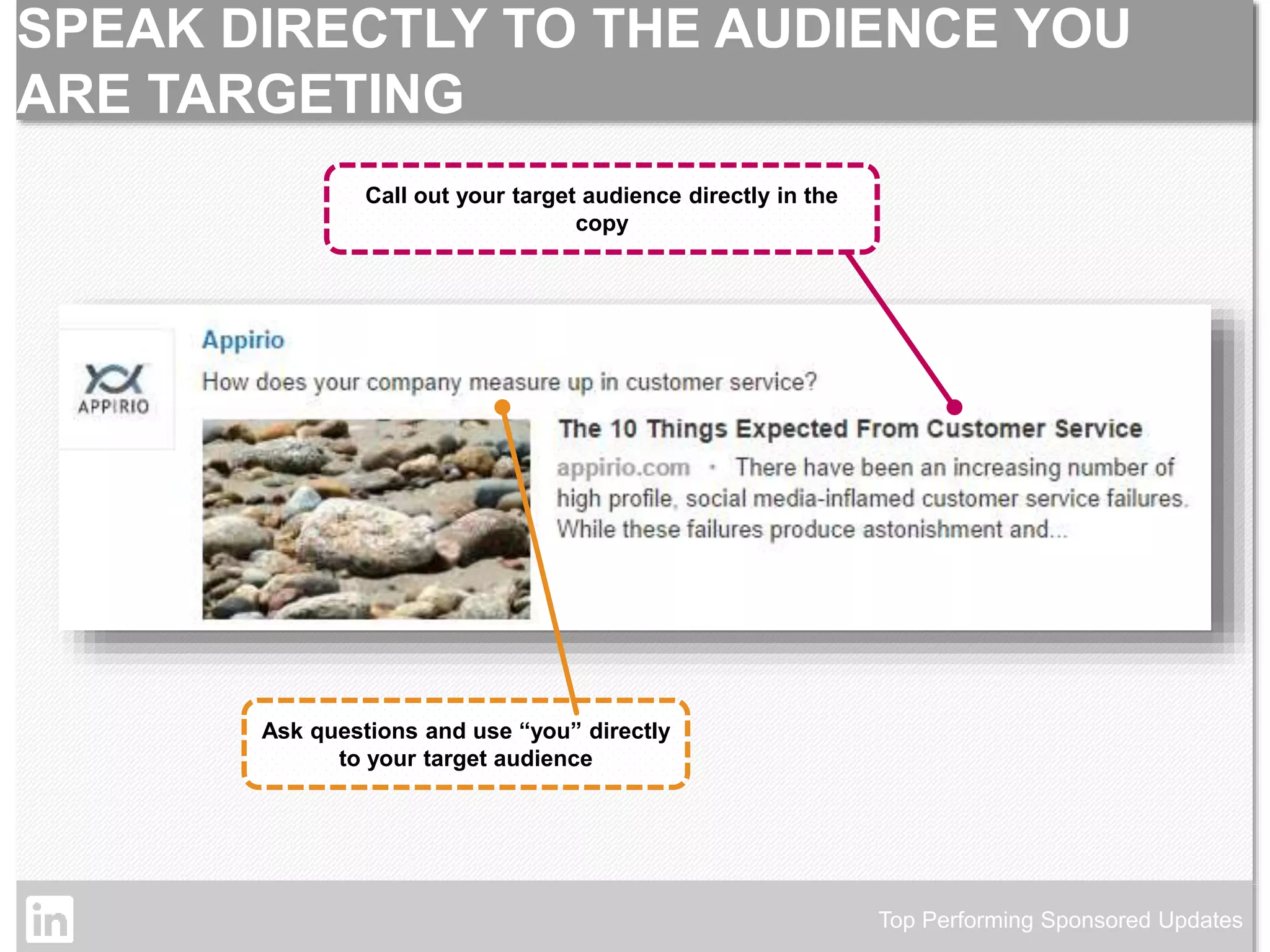 SPEAK DIRECTLY TO THE AUDIENCE YOU 
ARE TARGETING 
Top Performing Sponsored Updates 
Call out your target audience directly in the 
copy 
Ask questions and use “you” directly 
to your target audience 
©2014 LinkedIn Corporation. Strictly Confidential, All Rights Reserved. LinkedIn Content Marketing 
 