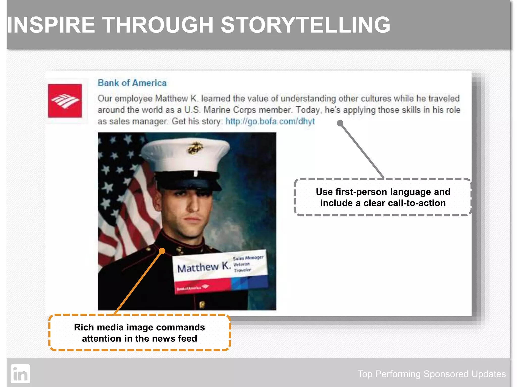 INSPIRE THROUGH STORYTELLING 
Use first-person language and 
include a clear call-to-action 
Top Performing Sponsored Updates 
Rich media image commands 
attention in the news feed 
©2014 LinkedIn Corporation. Strictly Confidential, All Rights Reserved. LinkedIn Content Marketing 
 