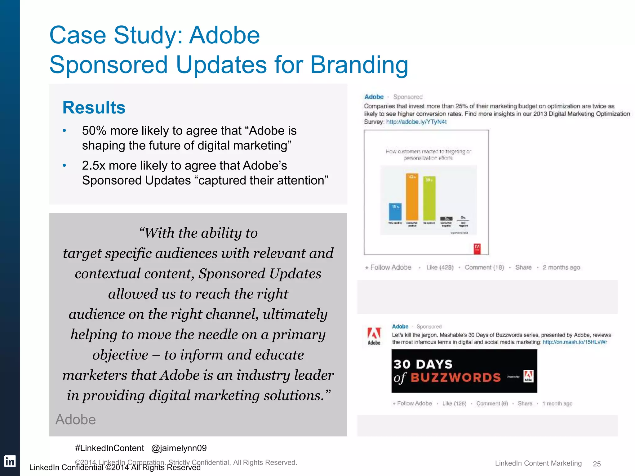 Results 
• 50% more likely to agree that “Adobe is 
shaping the future of digital marketing” 
• 2.5x more likely to agree that Adobe’s 
Sponsored Updates “captured their attention” 
“With the ability to 
target specific audiences with relevant and 
contextual content, Sponsored Updates 
allowed us to reach the right 
audience on the right channel, ultimately 
helping to move the needle on a primary 
objective – to inform and educate 
marketers that Adobe is an industry leader 
in providing digital marketing solutions.” 
Adobe 
#LinkedInContent @jaimelynn09 
©2014 LinkedIn Corporation. Strictly Confidential, All Rights Reserved. LinkedIn Content Marketing 
25 
Case Study: Adobe 
Sponsored Updates for Branding 
LinkedIn Confidential ©2014 All Rights Reserved 
 