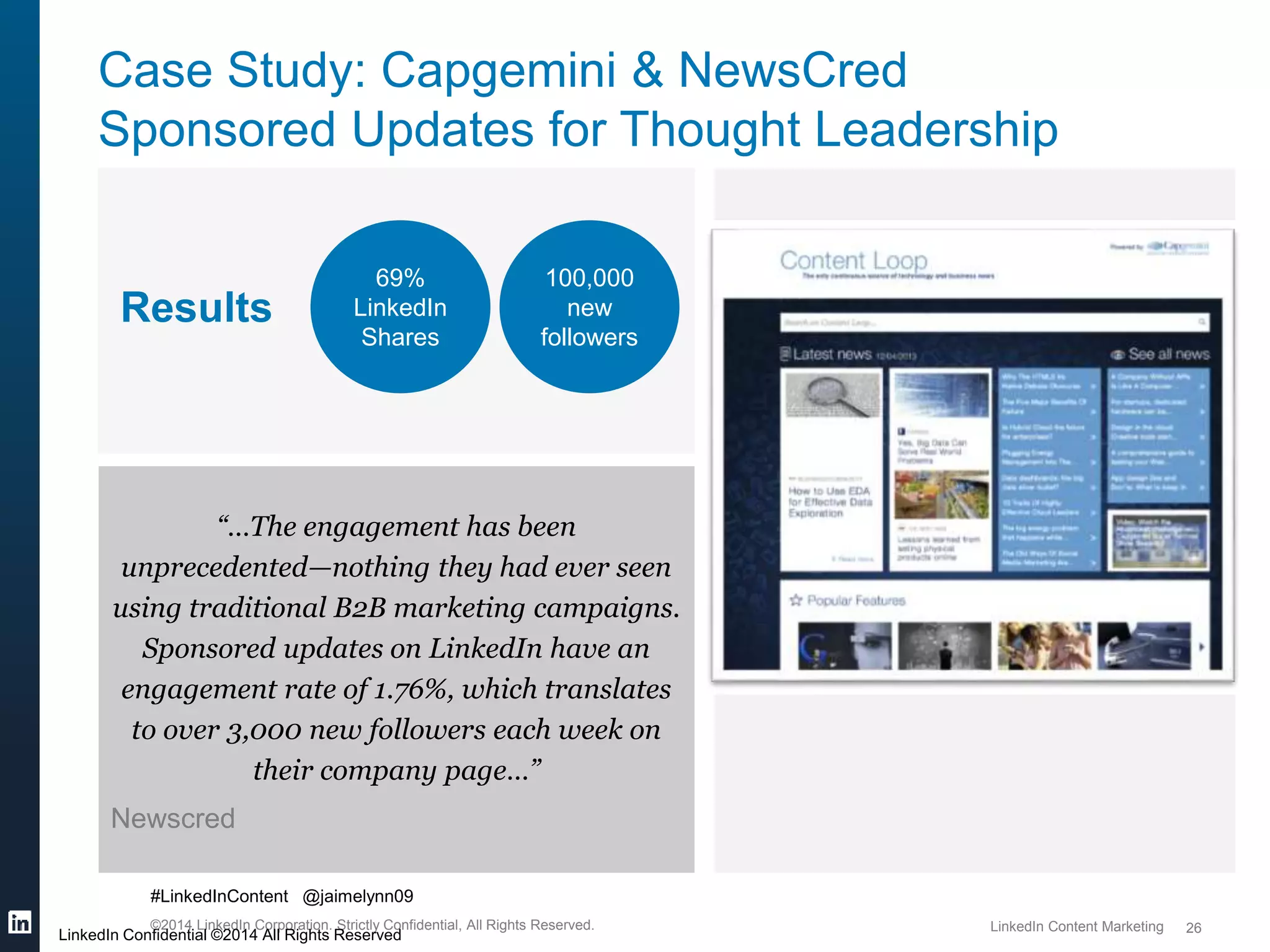 69% 
LinkedIn 
Shares 
“…The engagement has been 
unprecedented—nothing they had ever seen 
using traditional B2B marketing campaigns. 
Sponsored updates on LinkedIn have an 
engagement rate of 1.76%, which translates 
to over 3,000 new followers each week on 
their company page…” 
Newscred 
#LinkedInContent @jaimelynn09 
©2014 LinkedIn Corporation. Strictly Confidential, All Rights Reserved. LinkedIn Content Marketing 
26 
Case Study: Capgemini & NewsCred 
Sponsored Updates for Thought Leadership 
LinkedIn Confidential ©2014 All Rights Reserved 
100,000 
new 
followers 
Results 
 