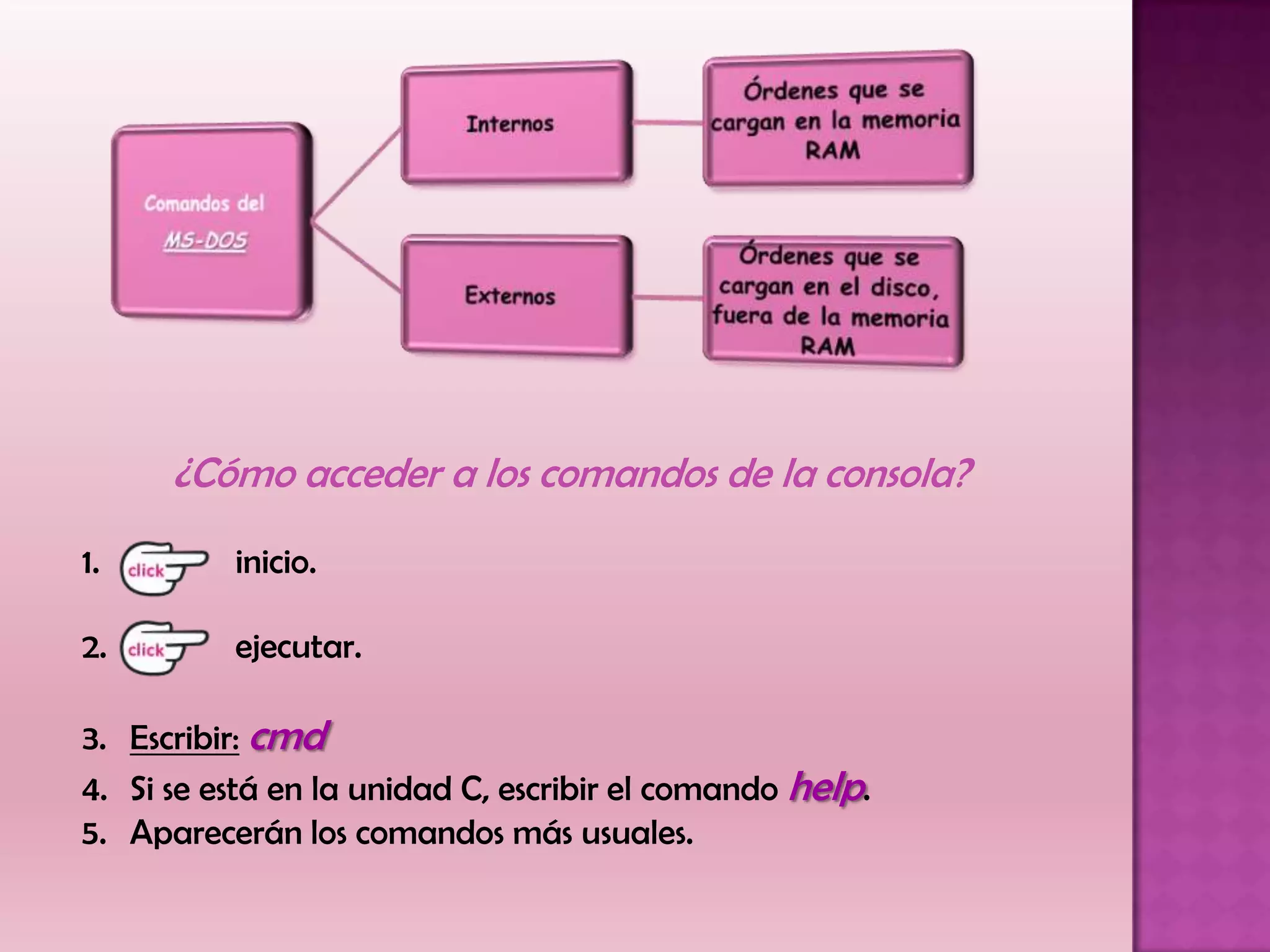 ¿Cómo acceder a los comandos de la consola?
1. inicio.
2. ejecutar.
3. Escribir: cmd
4. Si se está en la unidad C, escribir el comando help.
5. Aparecerán los comandos más usuales.
 
