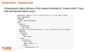 Kubernetes - Deployment
A Deployment object defines a Pod creation template (a “cookie-cutter” if you
will) and desired replica count.
 